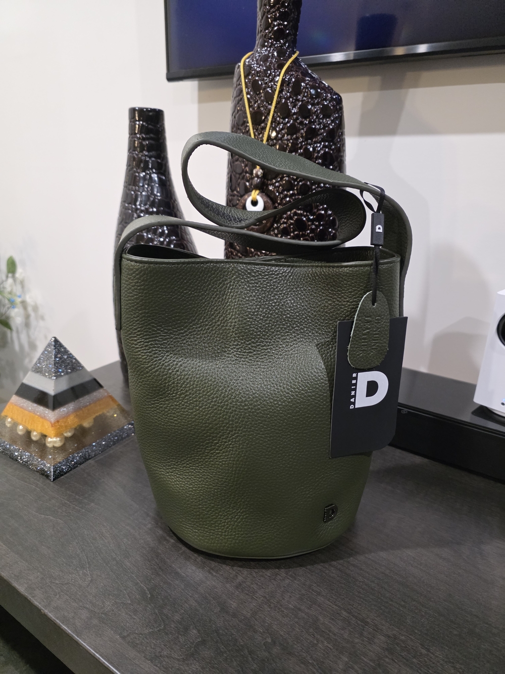 Danier Paige Small Tote Bucket Bag In Dark Olive Leather.